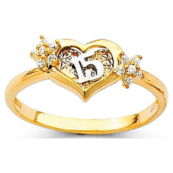 14k Yellow Gold Heart 15 Quince Ring Quinceanera Band CZ Flowers Love Diamond Cut Fancy Size 8