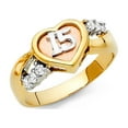 thumbnail image 1 of Heart 15 Years Ring Solid 14k Yellow White Rose Gold Band Quinceanera CZ Love Style Polished, Size 8, 1 of 1