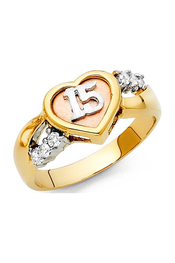 Heart 15 Years Ring Solid 14k Yellow White Rose Gold Band Quinceanera CZ Love Style Polished, Size 8