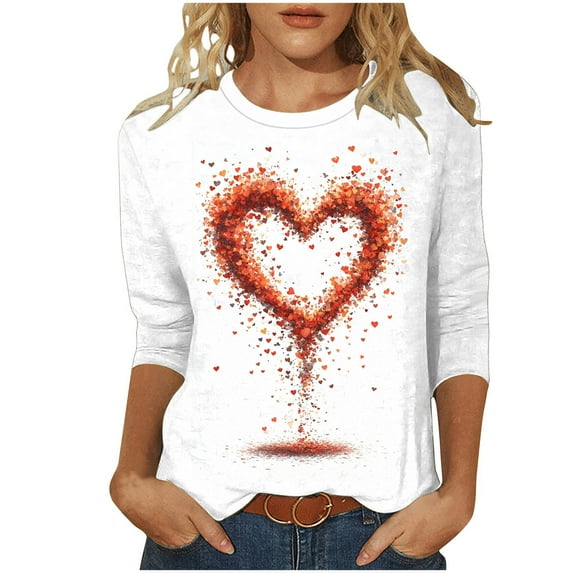 Heart 3/4 Sleeves Tshirts for Womens Valentines Day Tunic Tops Plus Size Crewneck Pullover Blouses