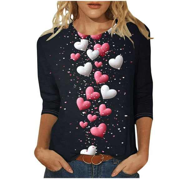 Heart 3/4 Sleeves Tshirts for Womens Valentines Day Tunic Tops Plus Size Crewneck Pullover Blouses