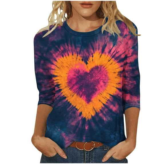 Heart 3/4 Sleeves Tshirts for Womens Valentines Day Tunic Tops Plus Size Crewneck Pullover Blouses