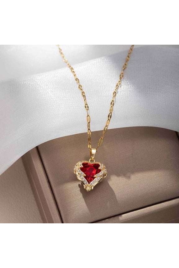 Heart 304 Stainless Steel Pendant Necklaces with Cubic Zirconia Red 15.75 inch(40cm)
