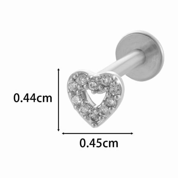 Heart 316L Surgical Stainless Steel Clear Cubic Zirconia 17 Gauge Internally Threaded Labrets Piercing Jewelry for Women Men Stainless Steel color 8mm Pin: 1.2mm