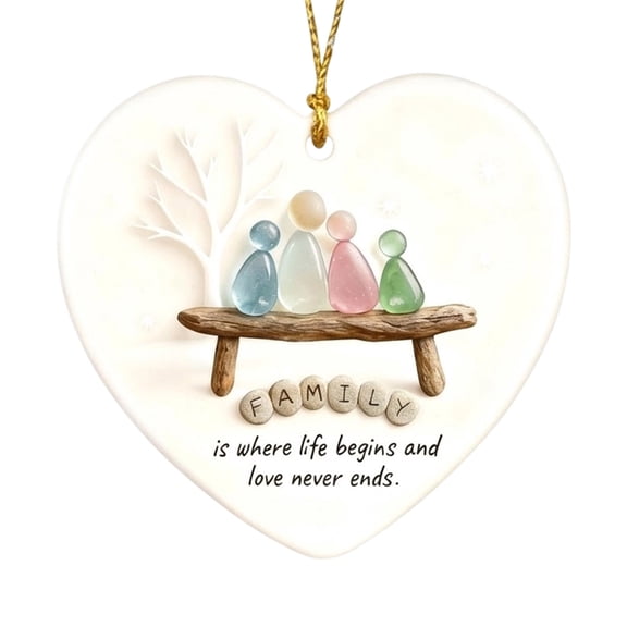 Heart Acrylic Christmas Ornament, Sea Glass Art Hanging Pendant with Golden String, Family Keepsake Tree Decor Gift