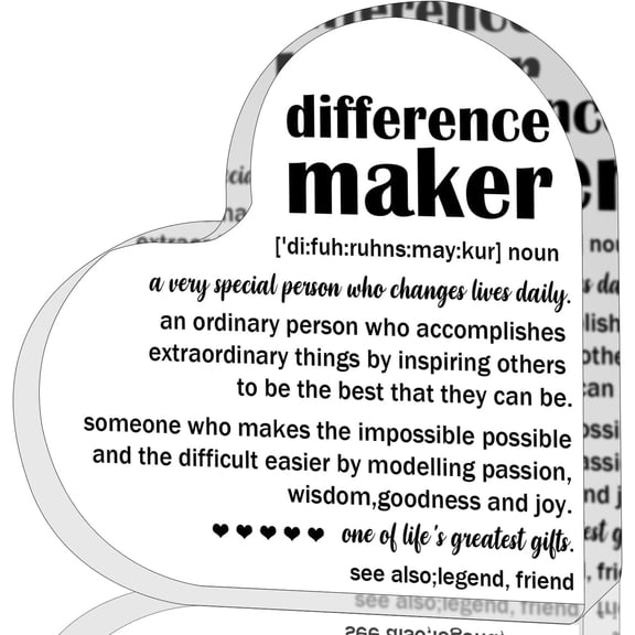 Heart Acrylic Plaque Sign Difference Maker Definition Desk Decor,Thank You Gifts For Women Men,Appreciation Gifts,New Job Gifts,Heart Shaped Acrylic Desk Decorative Sign for Home Office 4x4 inch