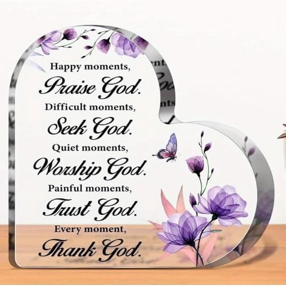 Heart Acrylic Sign 4X4 Inch Religious Gift for Women Heart Shape Acrylic Plaque Block Sign Purple Design Bible Verse Positive Quotes Inspirational for Home Office Table Decor