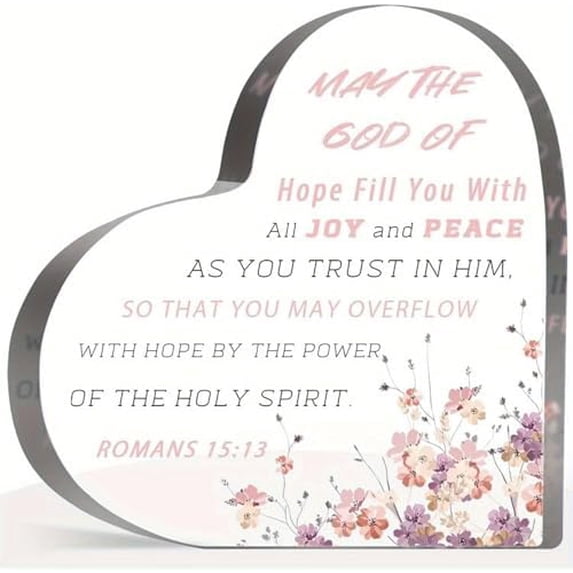 Heart Acrylic Sign 4X4 Inch Religious Gift for Women Men Heart Shape Acrylic Plaque Block Romans 1513 Sign Pink Beige Floral Tabletop Display for Church Home Desk Keepsake Spiritual Gift