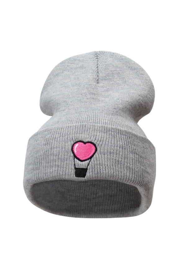 Heart Air Balloon Embroidered 12 Inch Long Knitted Beanie - Heather Grey OSFM