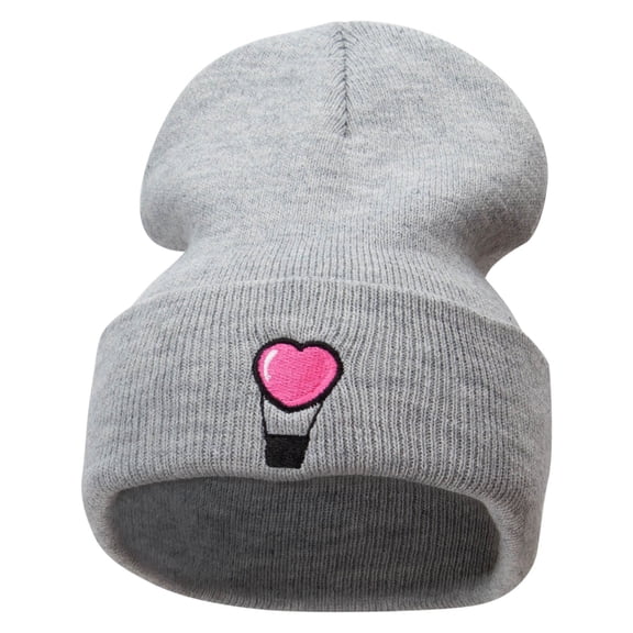 Heart Air Balloon Embroidered 12 Inch Long Knitted Beanie - Heather Grey OSFM