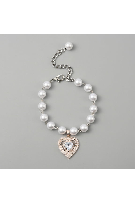 Heart Alloy Rhinestone Puppy Cat Pendant Necklace Imitation Pearl Bead Chain Pet Collar with Lobster Claw Clasp Chain Extender