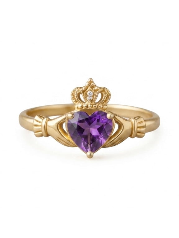 Heart Amethyst & Round Diamond Claddagh Ring, 925 Sterling Silver Yellow Gold Plated Heart Crown Ring, February Birthstone Ring Valentine Gift Jewelry