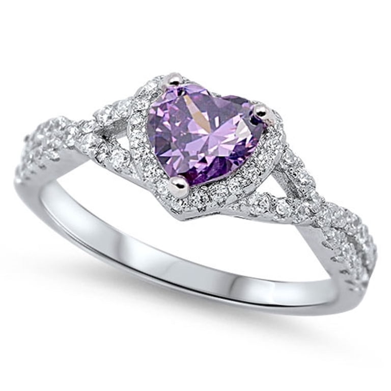 Sterling Silver 925 Heart Simulated Amethyst Stone Ring with Cubic 