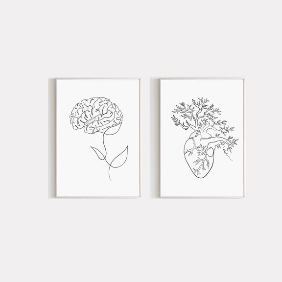 Heart And Brain Art Abstract Human Anatomy Medical Art Line Drawing Set 2 Stretched Canvas 16x24