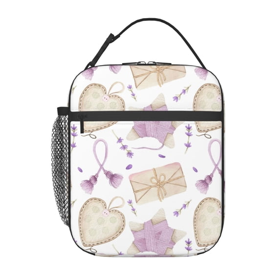 Heart And Lavender Cute Polyester Lunch Bag - Reusable, Insulated & Large Capacity Tote For Work, Picnic & Travel (Suitable For Men & Women)