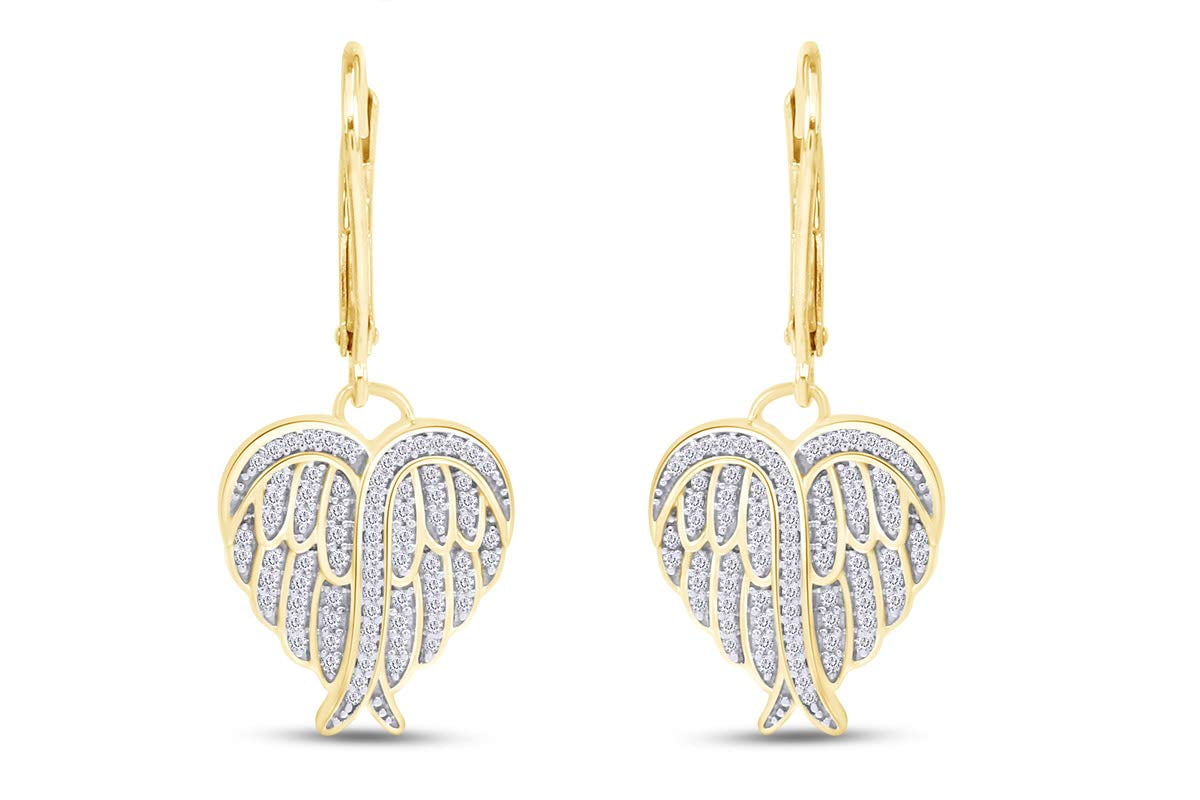 Heart Angel Wing Cubic Zirconia Lever Back Drop Earrings in 14k Yellow Gold Over Sterling Silver