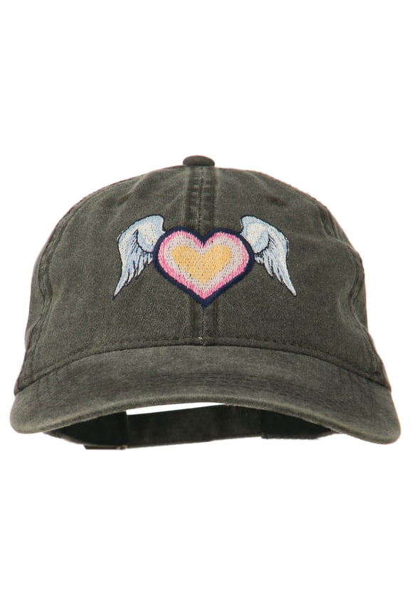 Heart Angel Wings Embroidered Washed Cap - Black OSFM