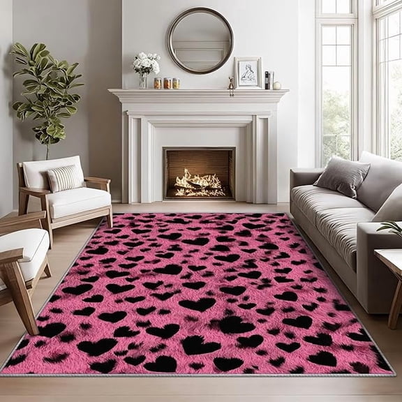 Heart Area Rugs for Bedroom, Pink Leopard Rug, Animal Print Area Rug, Hot Pink Love Heart Washable Door Mat for Entryway, Kitchen, Leopard Print Home Decor & Gifts 5 x 8ft
