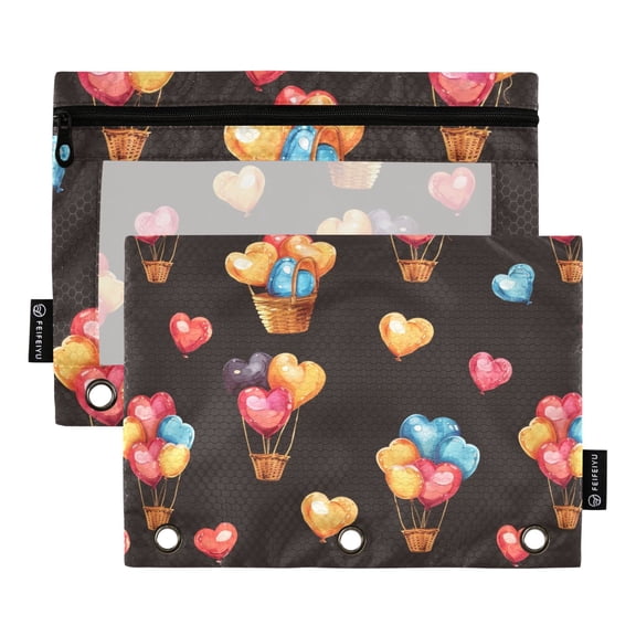 Heart Balloon with Basket 2 Pack Pencil Pouch for 3 Ring Binder Smooth Zipper Folders with Pockets Clear Window Pencil Case