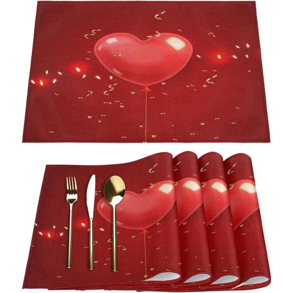 Heart Balloons Gold Confetti Placemats Set of 6 Fabric Placemats Square Placemat for Kitchen Table Heat Resistant, Easy to Clean Table Placemats 12x18 Inch