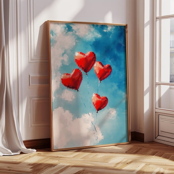 Heart Balloons poster, Valentine's Day Sky Poster Unframed Paper Print