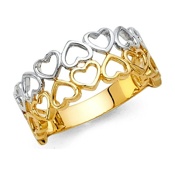 Heart Band Ring 14k Yellow White Gold Two Row Open Design Polished Finish Fancy Two Tone 10MM, Size 8