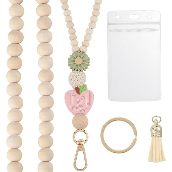 Heart Bead Teacher Lanyard Wood Beaded Lanyard Beige Wooden Boho Silicone Flower Book Apples Breakaway Keychain Tassel Clasp Chain with ID Badges Holder