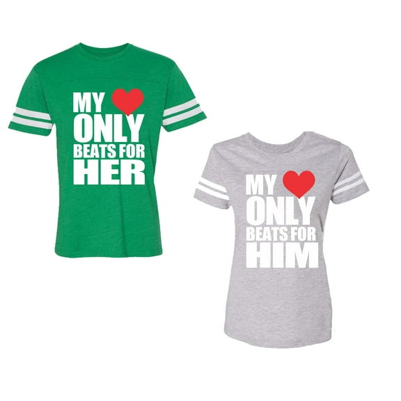 My Heart Only Beat For Her Him Unisex Couple Matching Cotton Jersey style T-Shirt Contrasting stripes on sleeves (Men Green / Women Heather) (Men S / Women S)