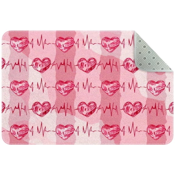 Heart Beat with Pink Hearts Small Area Rug, Non-Slip Door Mat Indoor Floor Mat, Washable Kitchen Rug Entrance Door Mat for Bedroom Living Room