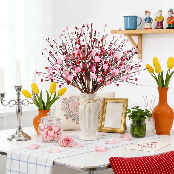 Heart Berry Picks for Valentines Day Decorations - 24pcs Artificial Flowers Pink Berries Floral Stem Branches for Valentines Day Gift, Home, Anniversary Flower Bouquets Wedding Home Decor