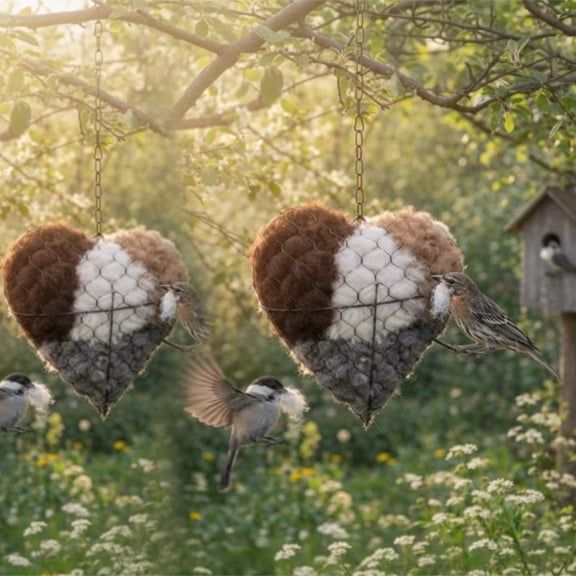 Heart Bird Nest (Alpaca Fiber): Handmade Outdoor Shelter & Nest Material Holder for Hummingbirds, Wild Birds – Garden Gift (2PC)