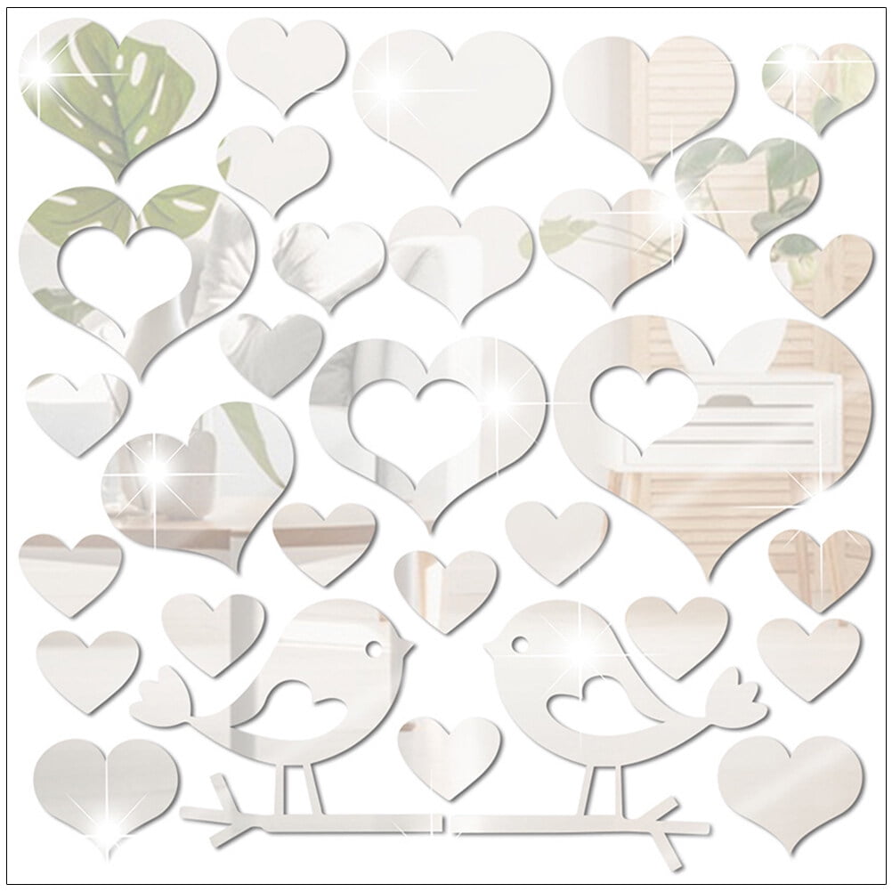 Heart Birds Mirror Wall Decor Mirror Surface Wall Sticker Acrylic