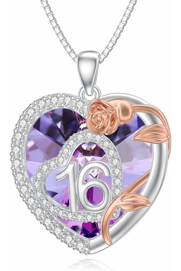 Heart Birthday Necklace for 16 18 30 40 50 60 Year Old Women 925 Sterling Silver 16th 18th 30th 40th 50th 60th Birthday Pendant Crystal Necklace Rose Jewelry Gifts for Mom Grandma Wife Daughter