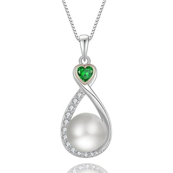 Heart Birthstone Pearl Pendant Necklace, 925 Sterling Silver Infinity Necklace with 10mm Freshwater Cultured Pearl & 4mm Gemstone Jewelry Valentine's Day Gift for Women