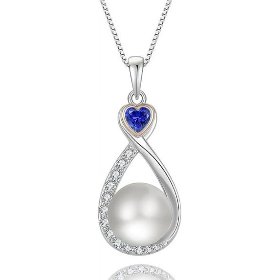 Heart Birthstone Pearl Pendant Necklace, 925 Sterling Silver Infinity Necklace with 10mm Freshwater Cultured Pearl & 4mm Gemstone Jewelry Valentine's Day Gift for Women