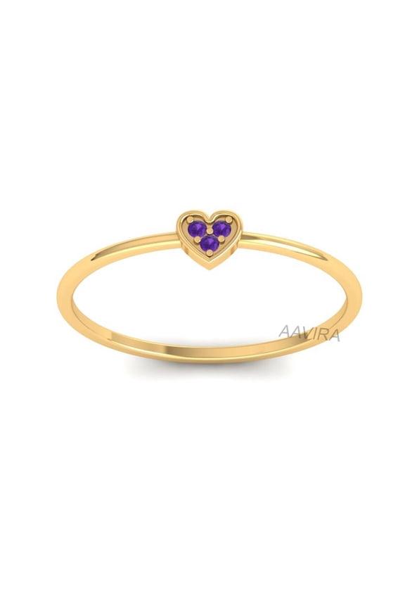 Heart Birthstone Ring, Purple Amethyst Stackable Ring, Handmade Three Stone Mothers Jewelry