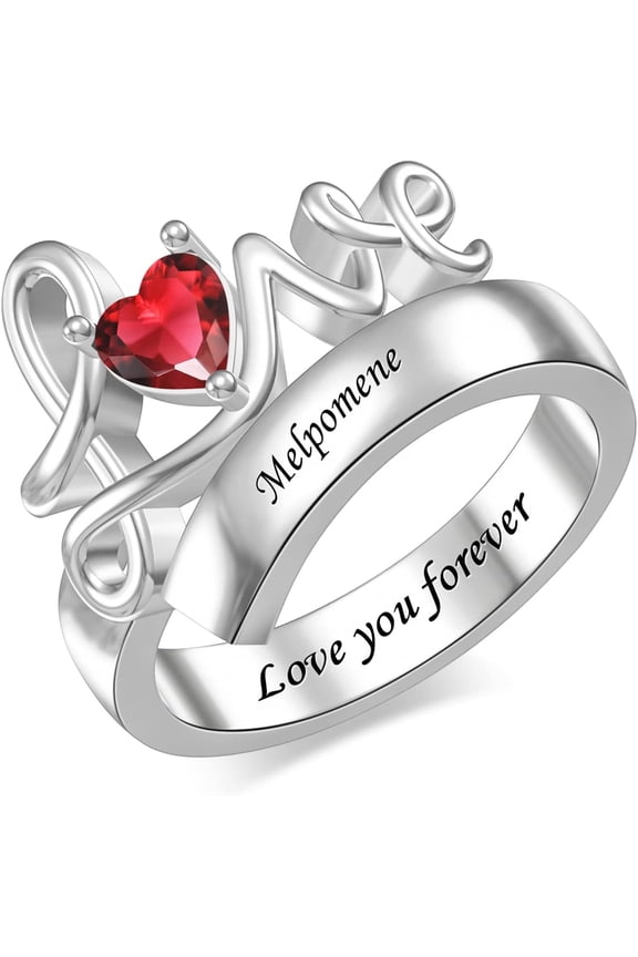 Heart Birthstone Ring for Women Personalized I Love You Promise Ring Christmas Birthday Anniversary Valentine's Day Jewelry Gifts for Wife Mother Beloved One