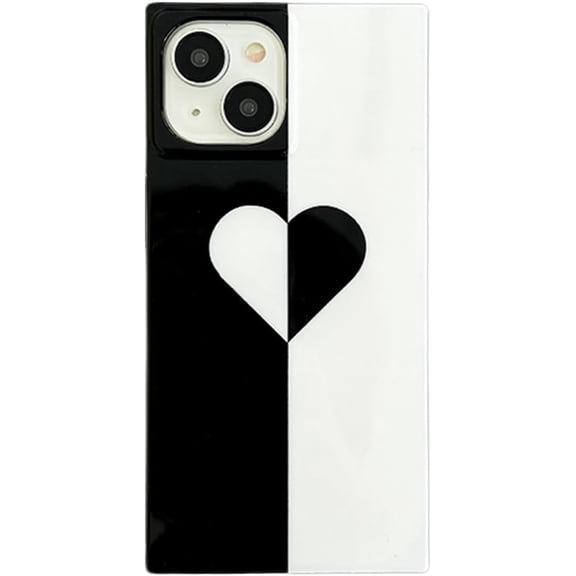 Heart Black White Combo Phone Case for iPhone 14/13,Aesthetic Trendy Cool Colorblock Glossy Sleek  Strong Protective Slim Cover(iPhone 13/14 6.1in,Black White)