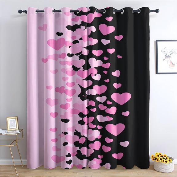 Heart Blackout Curtains, Pink Black Pattern Window Drapes for Bedroom Living Room Kitchen, Romantic Curtains 26"W x 45"L (2 Pack)