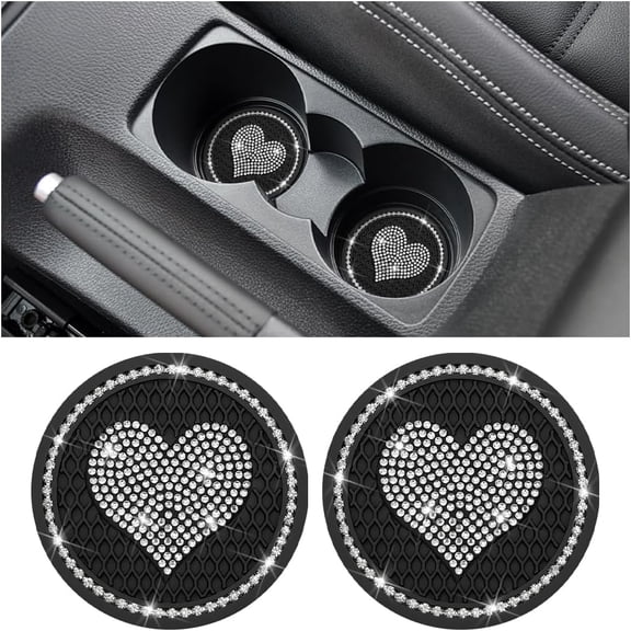 Heart Bling Car Coasters, 2 PCS Universal 2.75 Inch Sparkly Rhinestone Car Cup Holders Insert Coasters, Anti-Slip Cute Drink Cup Mat, Car Accessories Interior Decor Gift for Women (Black)