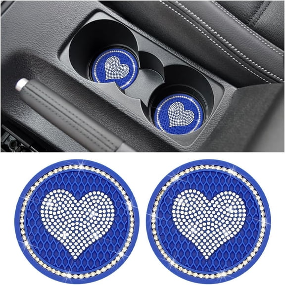 Heart Bling Car Coasters, 2 PCS Universal 2.75 Inch Sparkly Rhinestone Car Cup Holders Insert Coasters, Anti-Slip Cute Drink Cup Mat, Car Accessories Interior Decor Gift for Women (Blue)