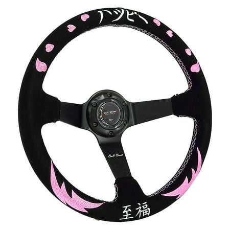Heart Bliss Universal 350mm 3" Deep Dish 6-Bolt Steering Wheel Black Suede