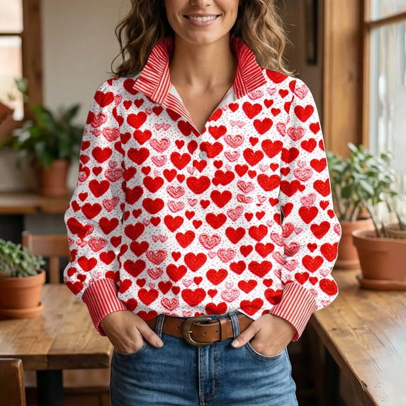 Heart Blouses for Women Valentine Cute Long Sleeve Button Up Dressy Lapel Collared Shirts Casual Outfits