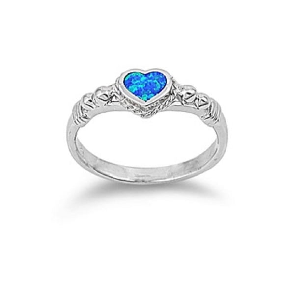 Heart Blue Simulated Opal Ring Sterling Silver Size 8