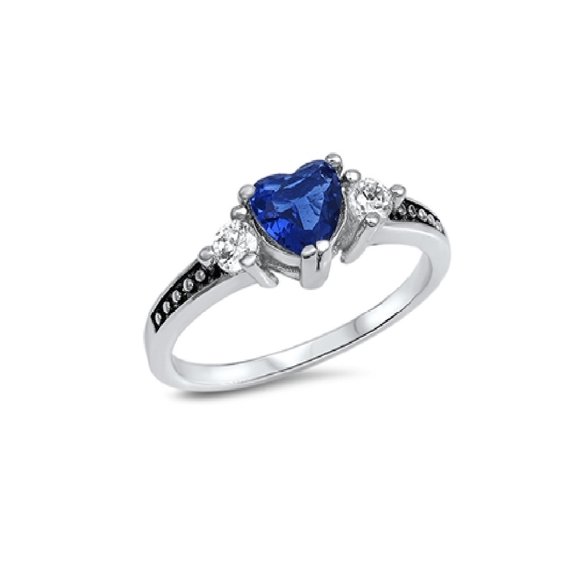 Heart Blue Simulated Sapphire Cubic Zirconia Ring Sterling Silver 925