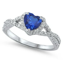 Heart Blue Simulated Sapphire Stone Surrounded By Round Cubic Zirconia Swirl Design Ring Sterling Silver 925