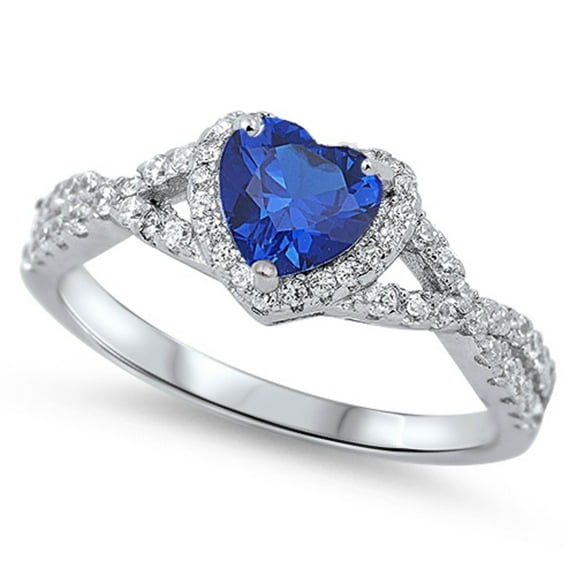 Heart Blue Simulated Sapphire Stone Surrounded By Round Cubic Zirconia Swirl Design Ring Sterling Silver 925