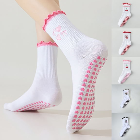 Heart Bow Lace Trim Crew Socks Women's Anti Slip Yoga Socks Mid Calf Sports Floor Socks Pink One Size