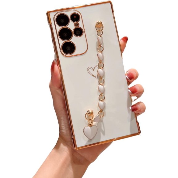 Heart Bracelet Soft Silicone Phone Case for Samsung Galaxy S22 S21 S20 Ultra Plus FE A53 A52 A13 A12 5G, Precision Hole Wrist Strap Back Cover(White,S20 FE)
