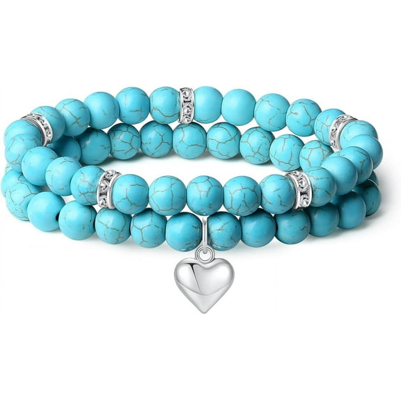 Heart Bracelet for Women Healing Bracelets 8mm Love Charm Bracelet for Women Natural Stone Stretch Beads Bracelet Gifts for Women 2Pcs